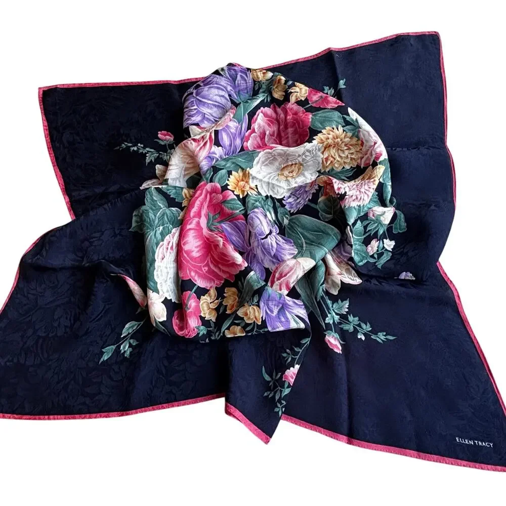 Vintage Ellen Tracy Silk brocade floral scarf blue pink green flowers square